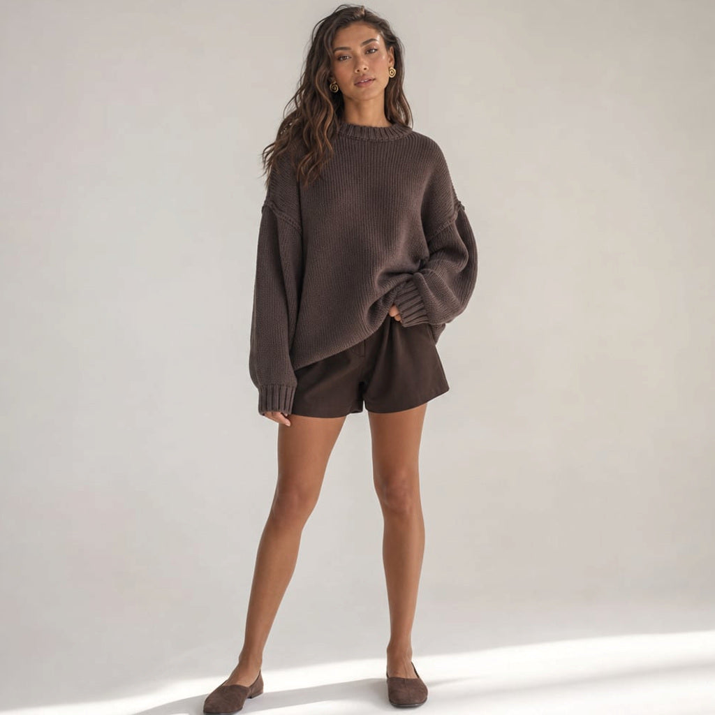 Rundhals-Strickpullover 100% Baumwolle Schokobraun – Vitolia