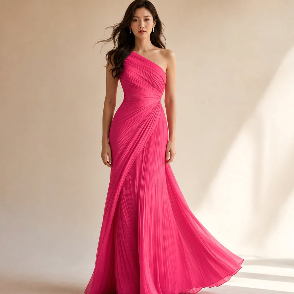 One-Shoulder-Maxikleid in Rosa mit strukturiertem Faltenrock, bodenlanger Schnitt, Vorderansicht