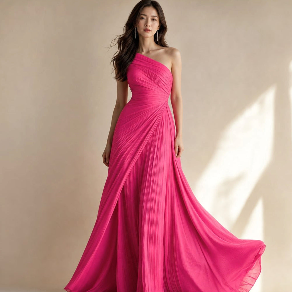 One-Shoulder-Maxikleid mit Faltenrock Formell Rosa – Vitolia