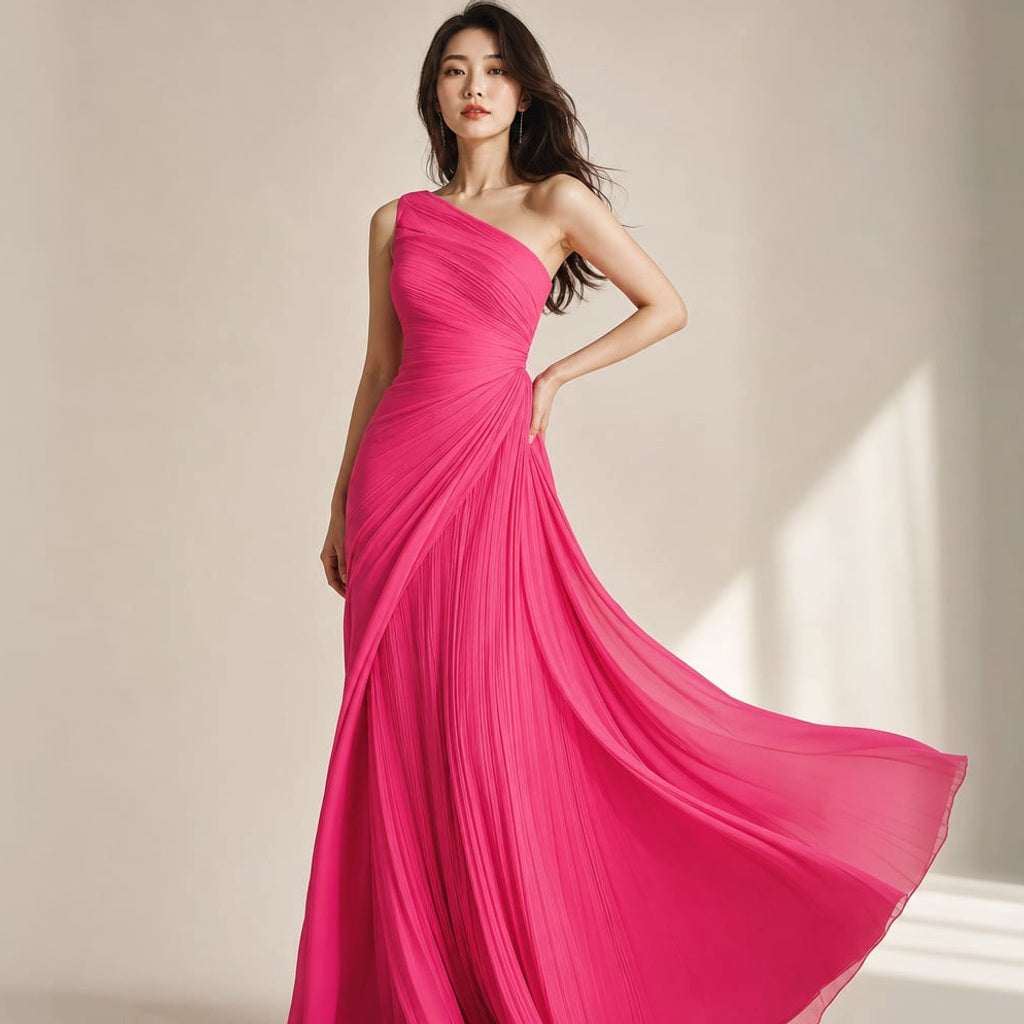 One-Shoulder-Maxikleid mit Faltenrock Formell Rosa – Vitolia