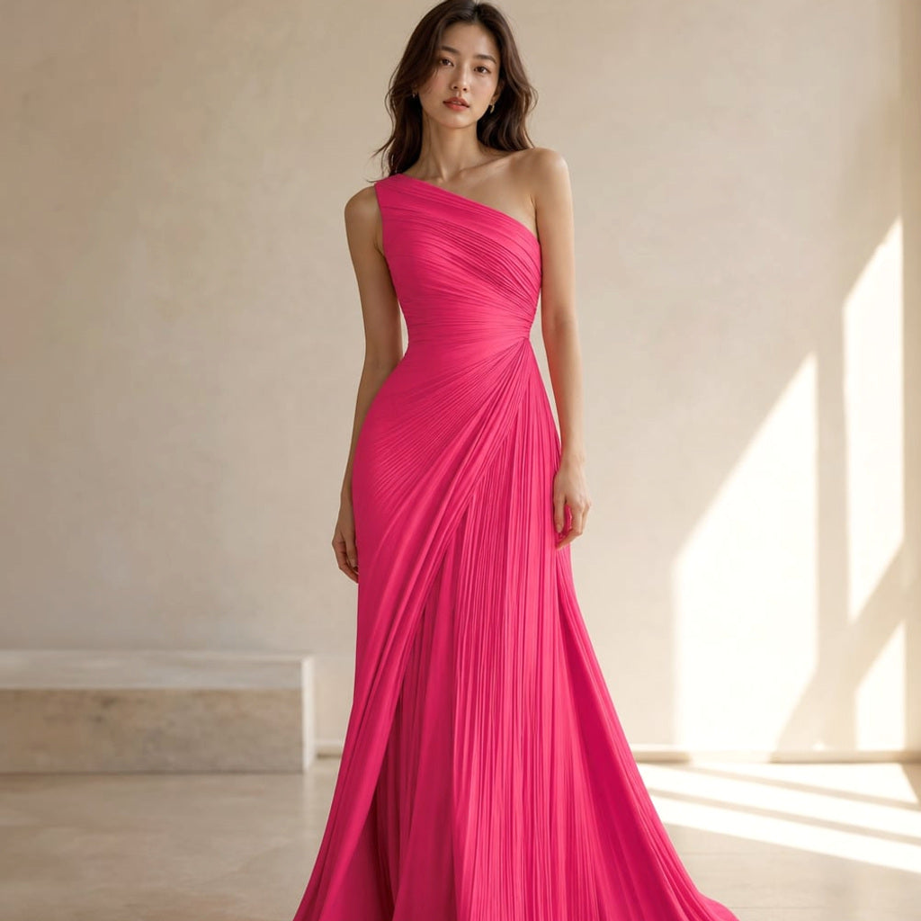 One-Shoulder-Maxikleid mit Faltenrock Formell Rosa – Vitolia