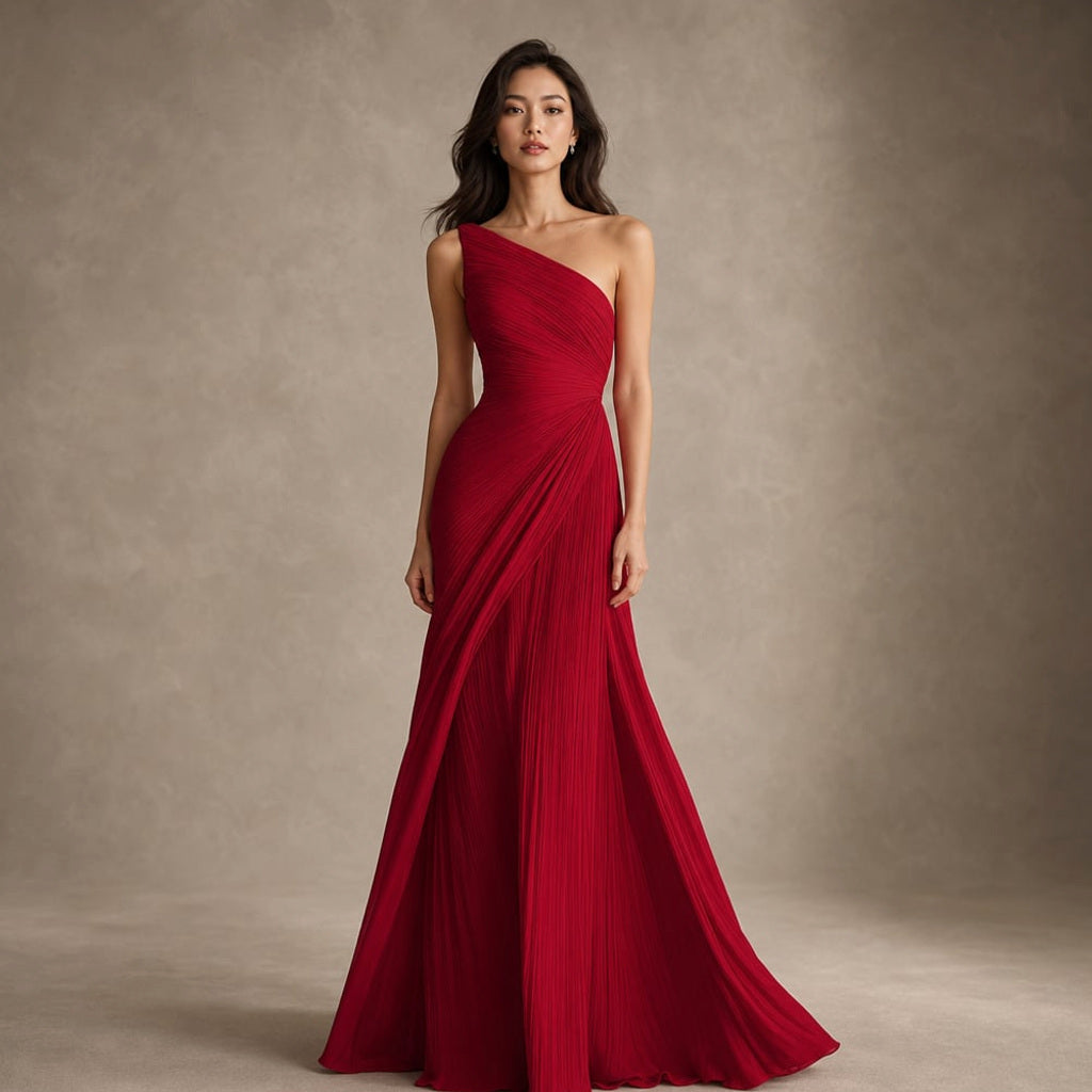 One-Shoulder-Maxikleid mit Faltenrock Formell Rosa in Rot – Vitolia