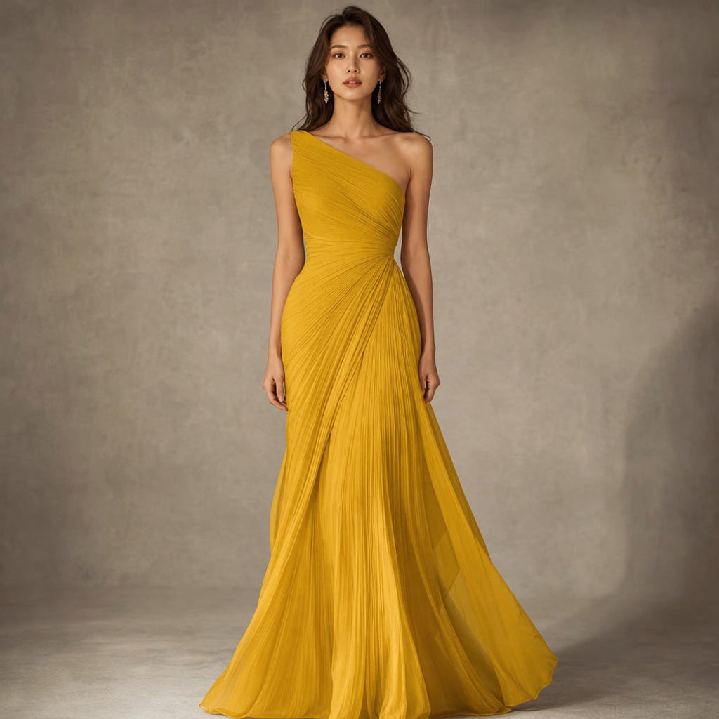 One-Shoulder-Maxikleid mit Faltenrock Formell Rosa in Gelb – Vitolia