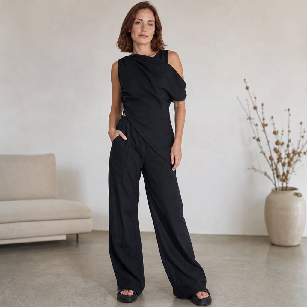 Off-Shoulder Co-ord Set Weite Hose Baumwolle Asymmetrisch – Vitolia