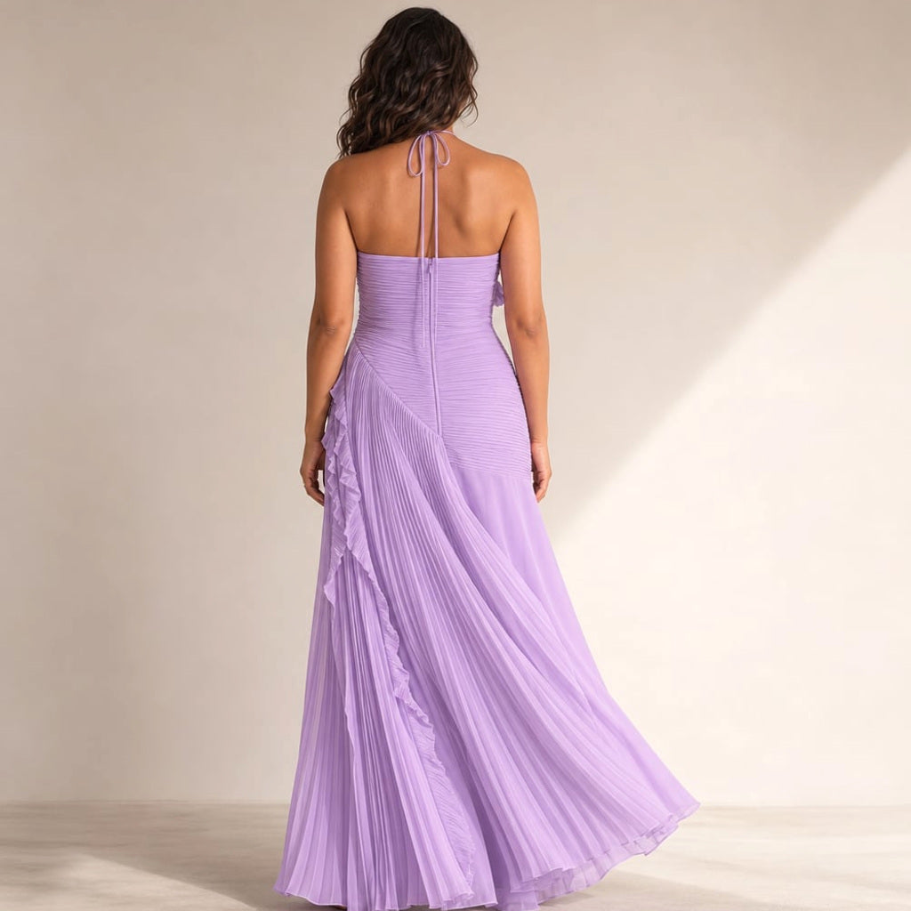Maxi-Kleid mit Rüschen Neckholder Plissee asymmetrisch – Vitolia