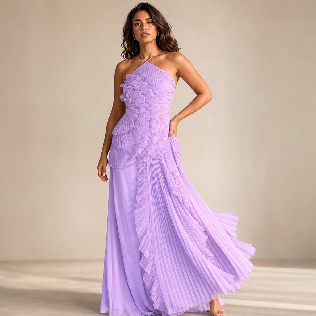 Maxi-Kleid mit Rüschen Neckholder Plissee asymmetrisch – Vitolia