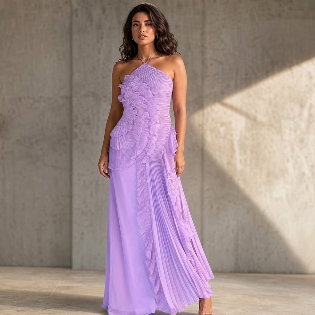 Maxi-Kleid mit Rüschen Neckholder Plissee asymmetrisch – Vitolia