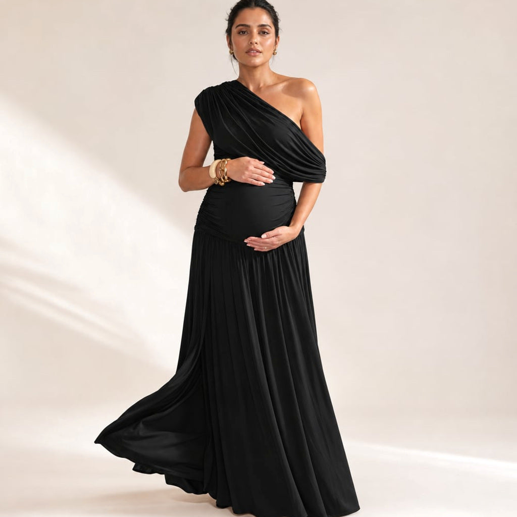 Maxi-Kleid One-Shoulder Asymmetrisch Umstandskleid in Schwarz – Vitolia