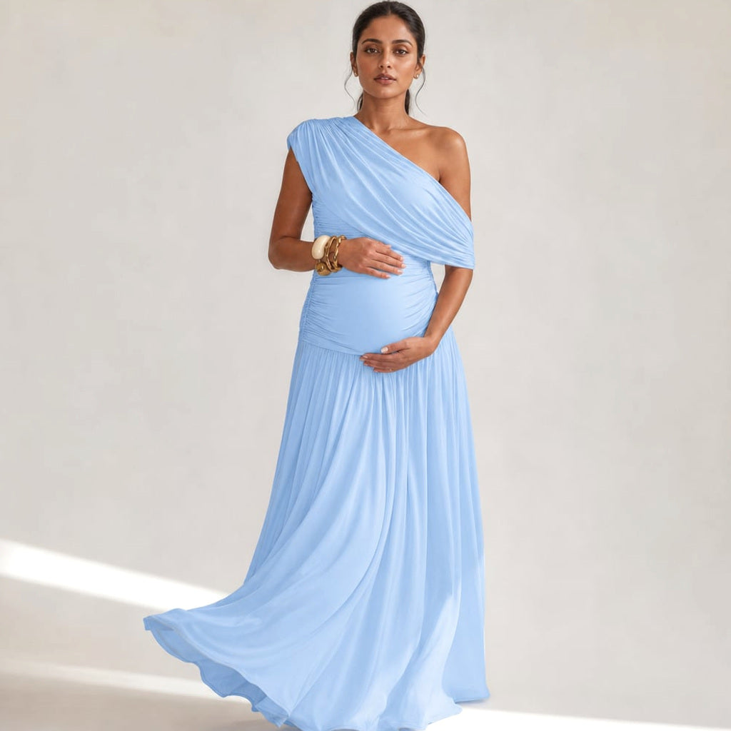 Maxi-Kleid One-Shoulder Asymmetrisch Umstandskleid in Hellblau – Vitolia