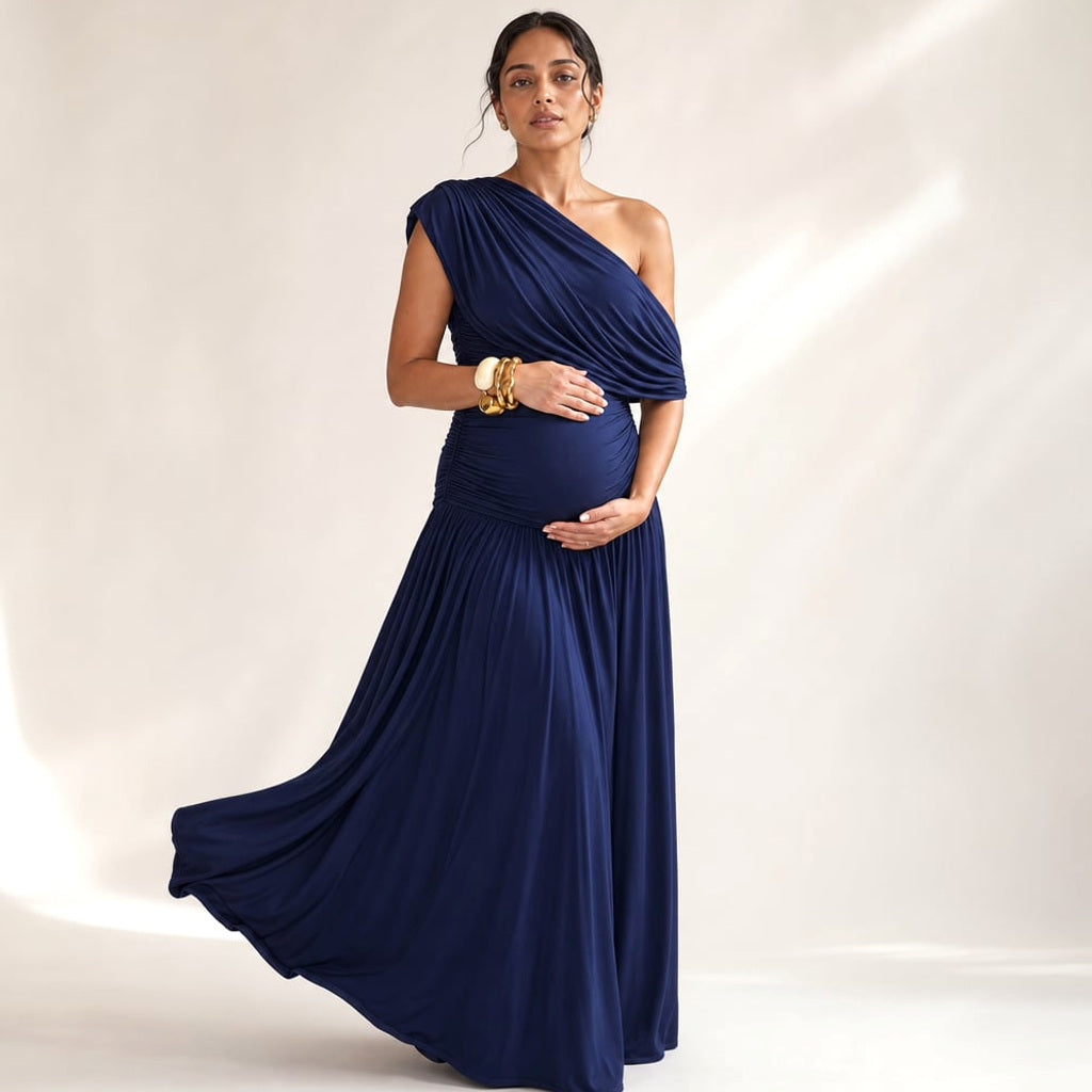 Maxi-Kleid One-Shoulder Asymmetrisch Umstandskleid in Marineblau – Vitolia