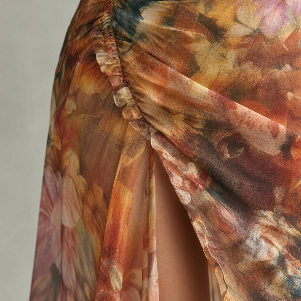 Midi-Kleid Strick Rüschenärmel Raffung Mehrfarbig – Vitolia