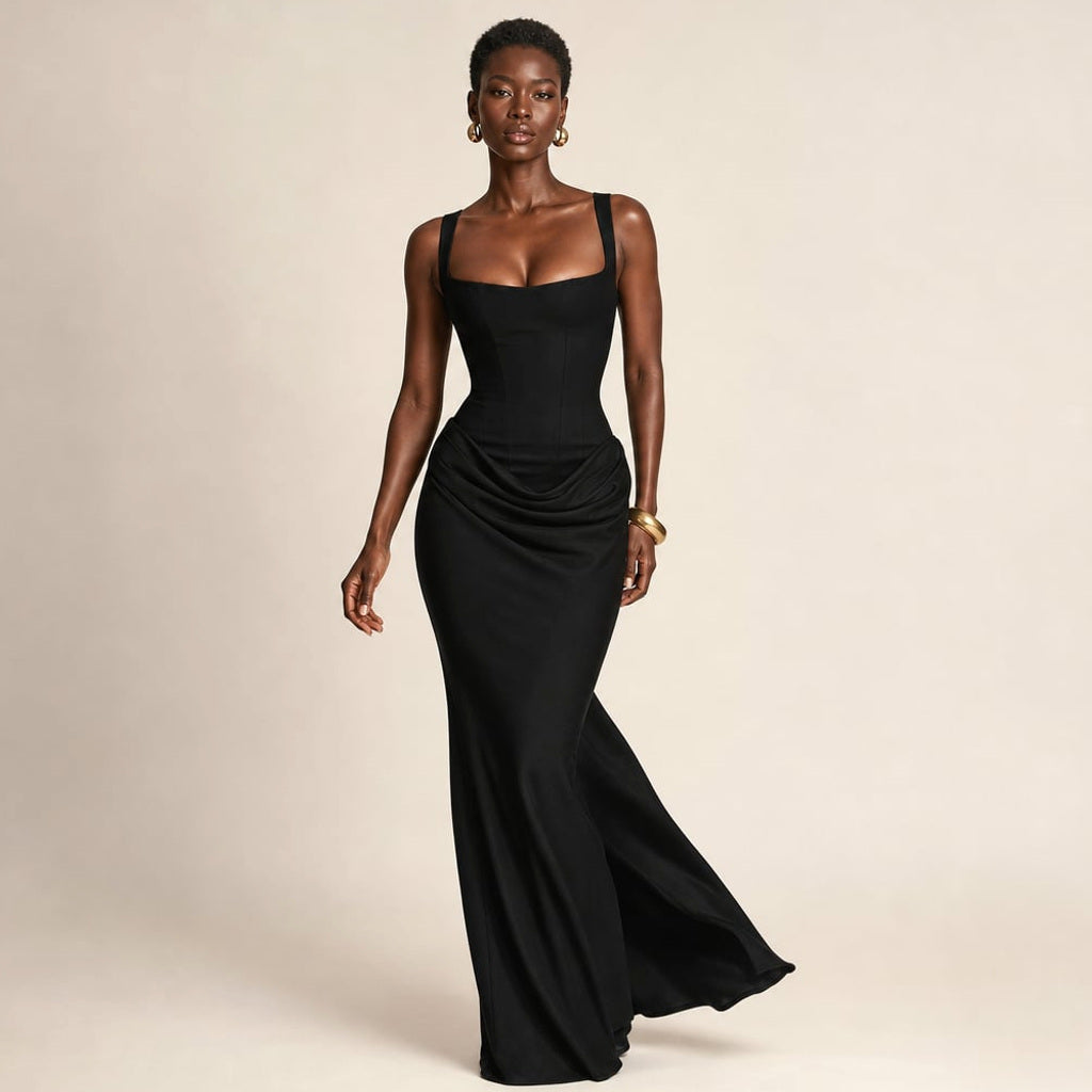 Rysa rückenfreies Bodycon-Maxikleid in Schwarz mit tiefem offenem Rücken, bodenlang, Frontansicht