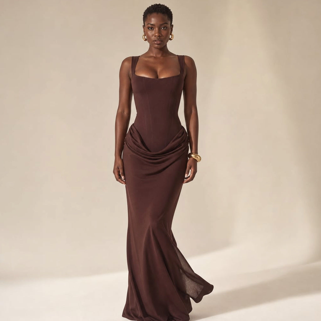 Model trägt das Rysa Bodycon-Maxikleid in Schwarz, Rückenansicht zeigt den tiefen offenen Rückenausschnitt bis zur Taille