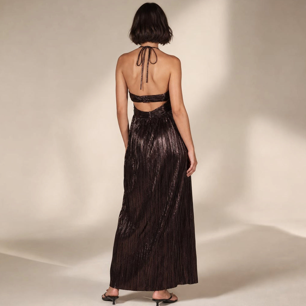 Maxi-Kleid mit Neckholder Ausschnitt Cut-Out Schokobraun – Vitolia