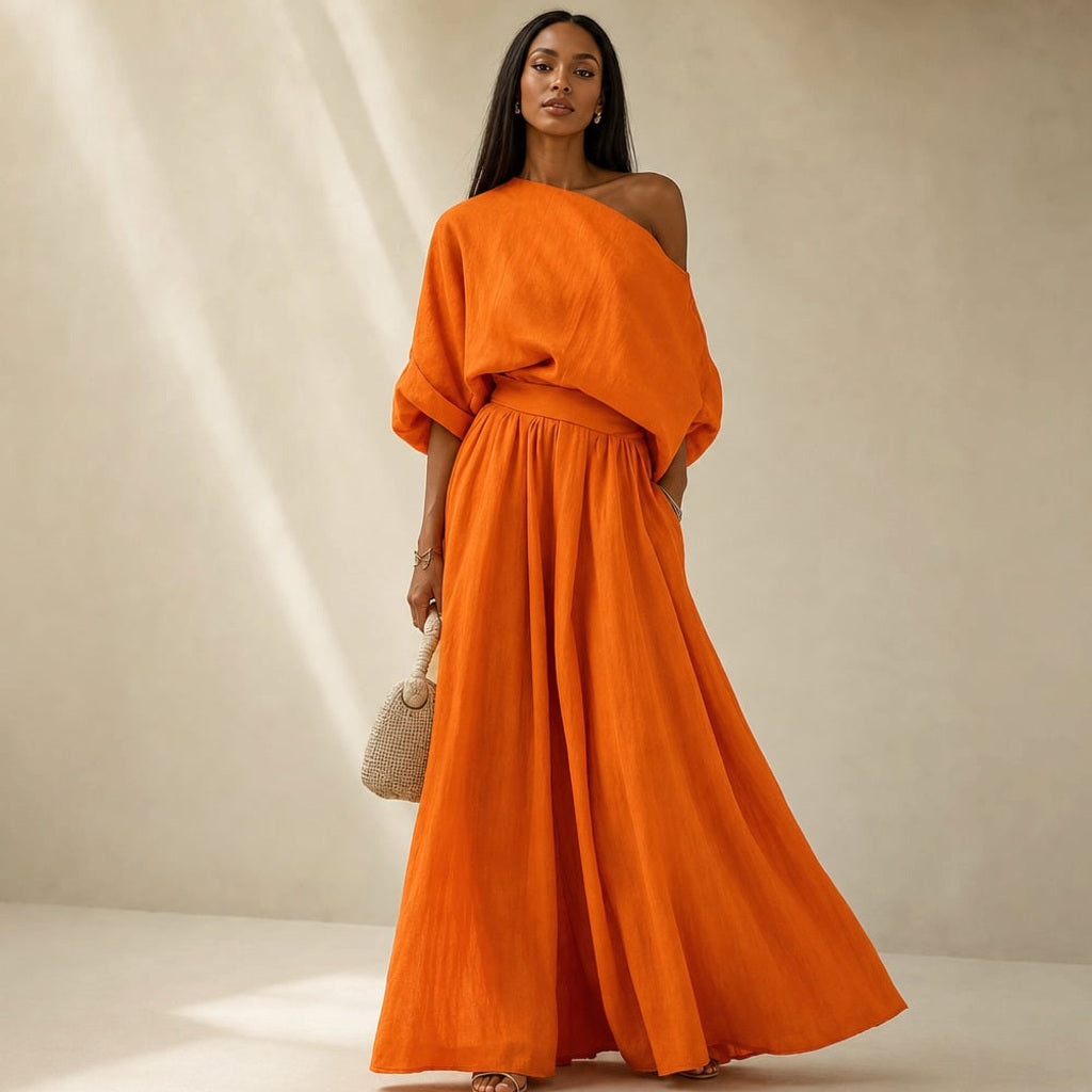 Leinenset Weite Hose Drapierte Bluse in Orange – Vitolia