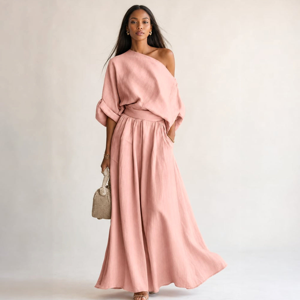 Leinenset Weite Hose Drapierte Bluse in Rosa – Vitolia