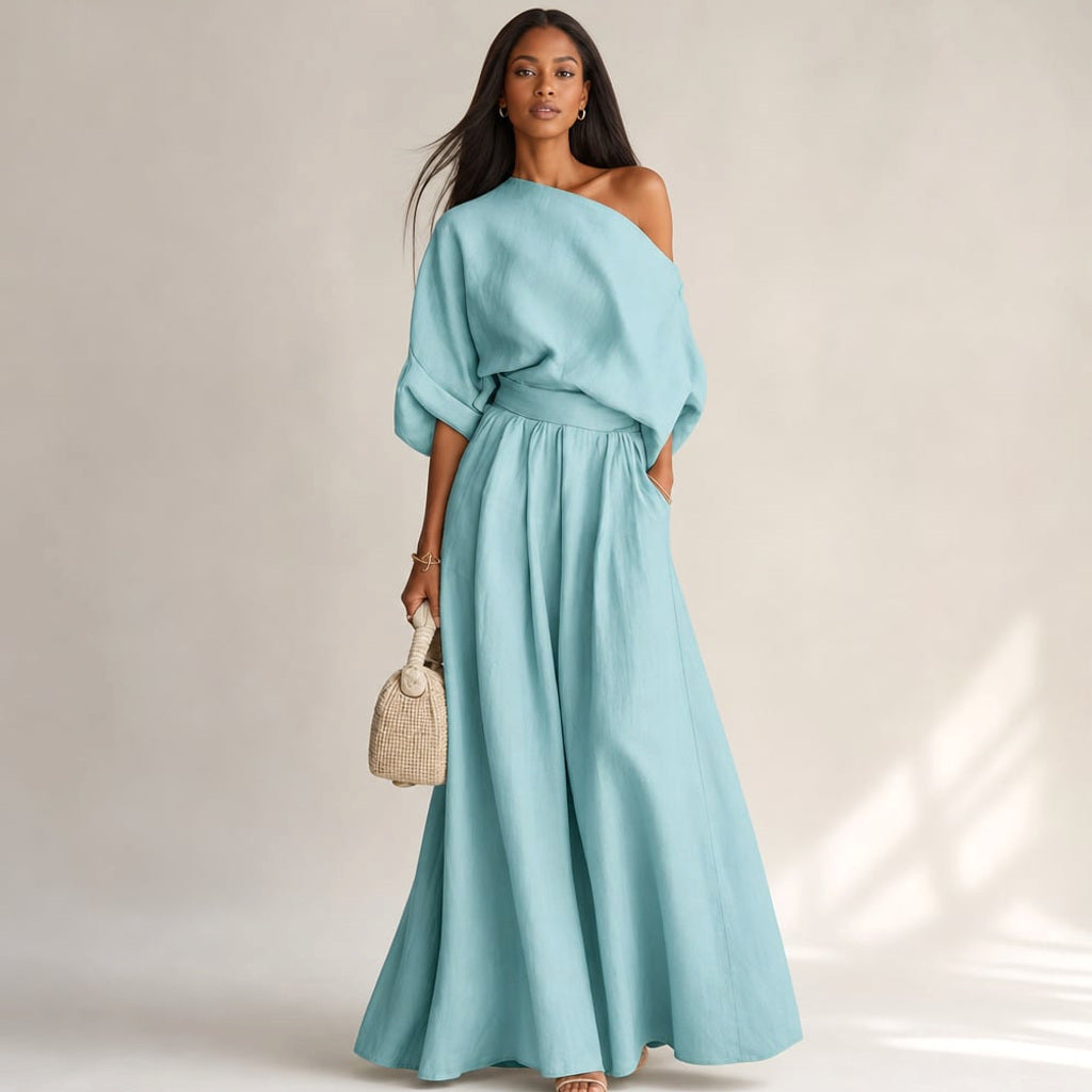 Leinenset Weite Hose Drapierte Bluse in Blau – Vitolia