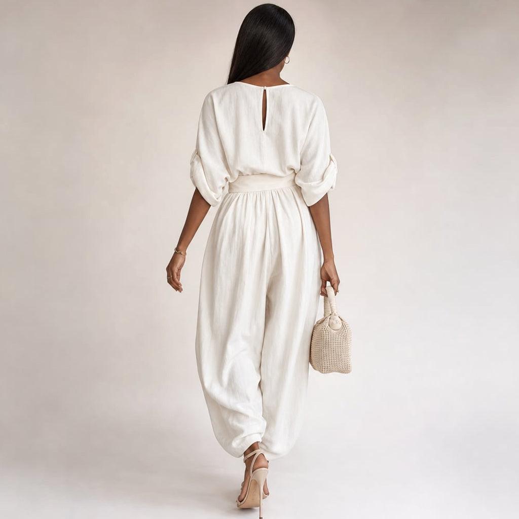 Leinenset Weite Hose Drapierte Bluse – Vitolia