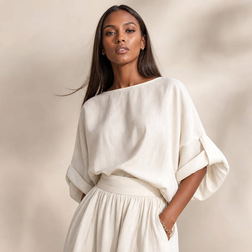 Leinenset Weite Hose Drapierte Bluse – Vitolia