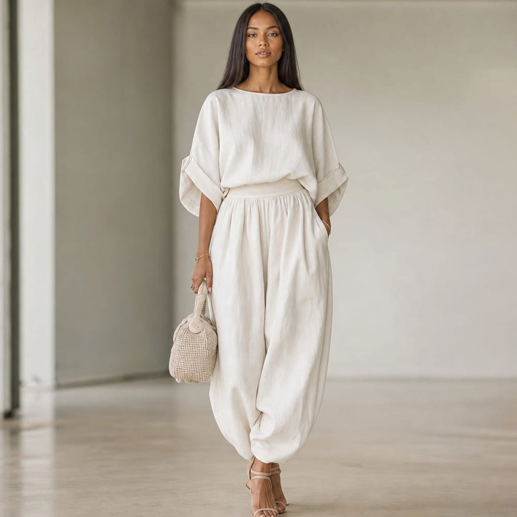 Leinenset Weite Hose Drapierte Bluse – Vitolia