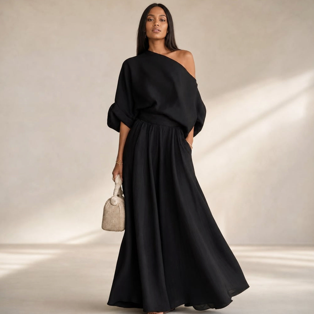 Leinenset Weite Hose Drapierte Bluse in Schwarz – Vitolia