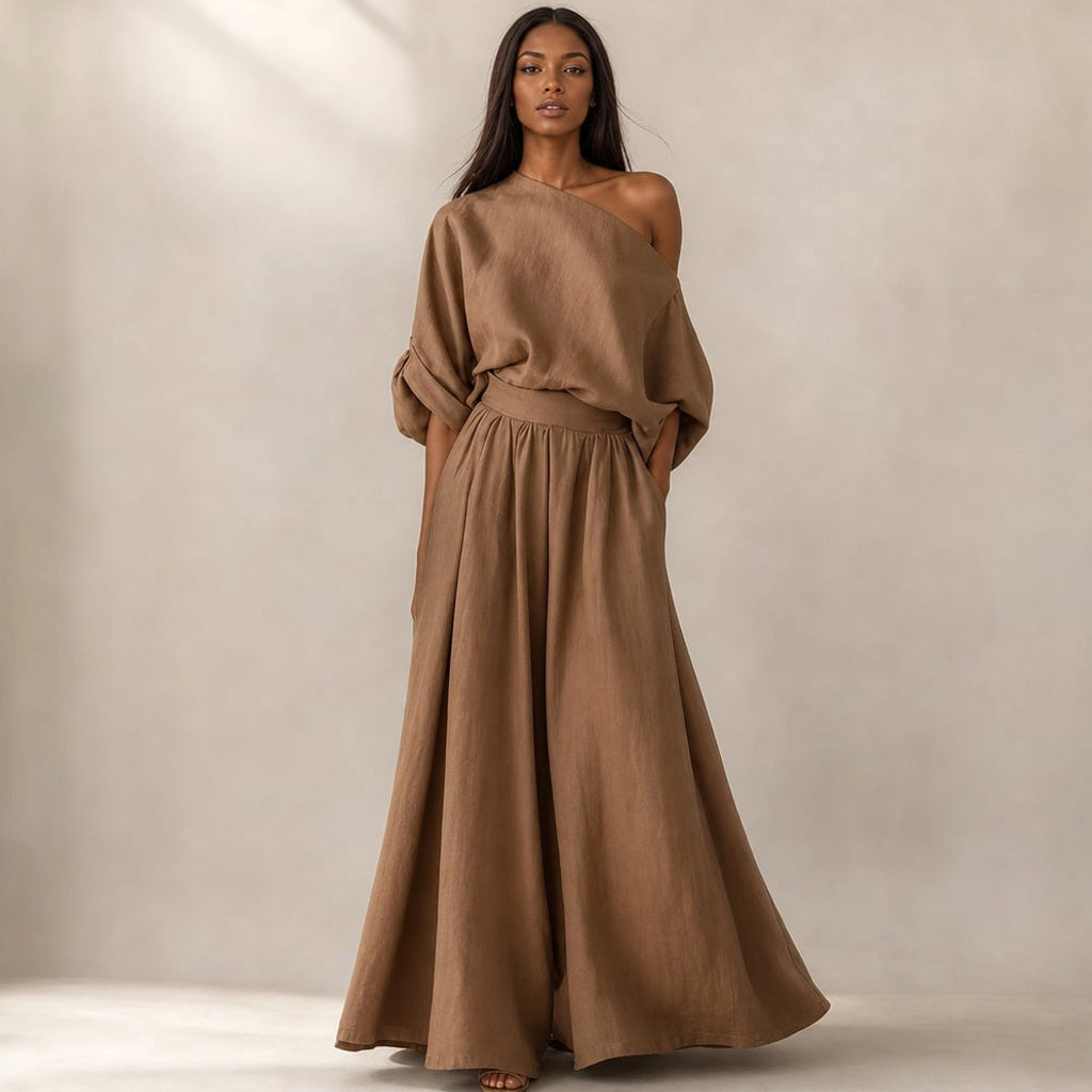 Leinenset Weite Hose Drapierte Bluse in Braun – Vitolia