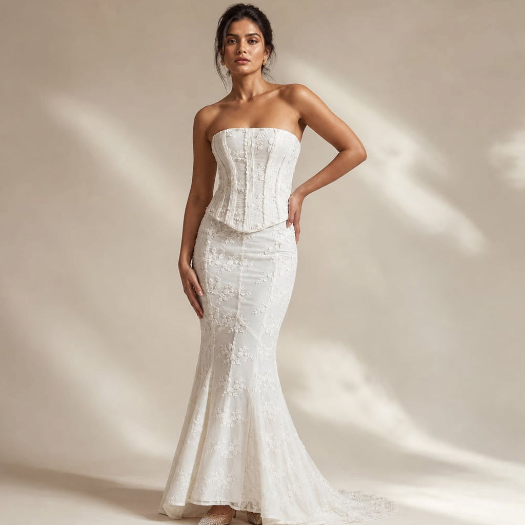 Trägerloses Maxikleid Meerjungfrau Spitze Korsett Weiß – Vitolia