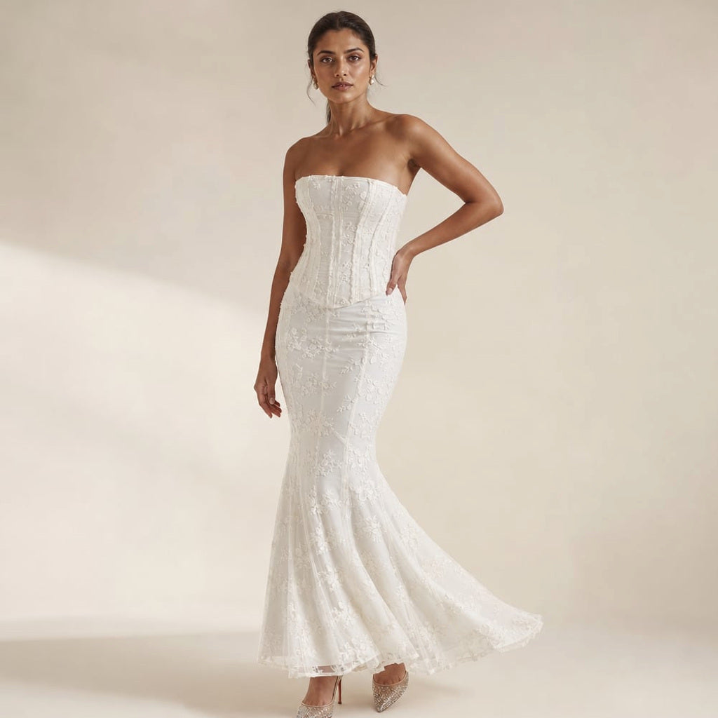 Trägerloses Maxikleid Meerjungfrau Spitze Korsett Weiß – Vitolia