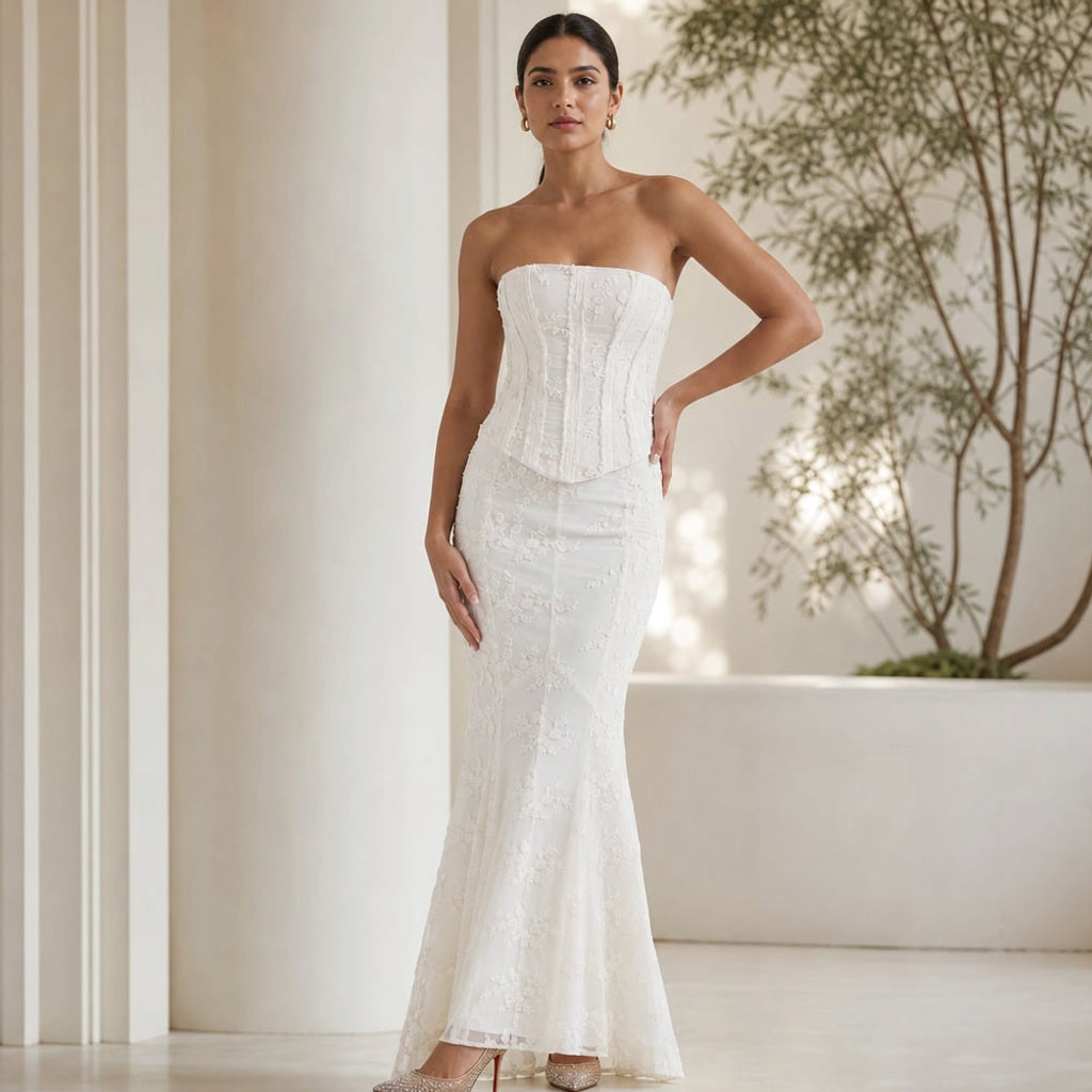 Trägerloses Maxikleid Meerjungfrau Spitze Korsett Weiß – Vitolia