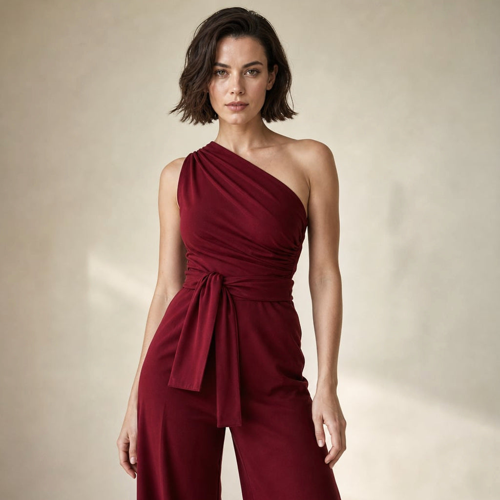 One-Shoulder-Jumpsuit mit weitem Bein und Selbstbindegürtel in Burgunderrot, bodenlang, Vorderansicht