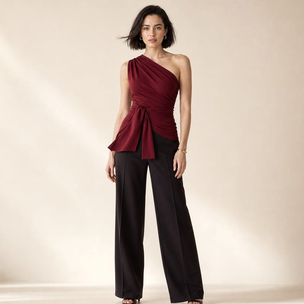 One-Shoulder-Jumpsuit mit weitem Bein und Bindegürtel – Vitolia