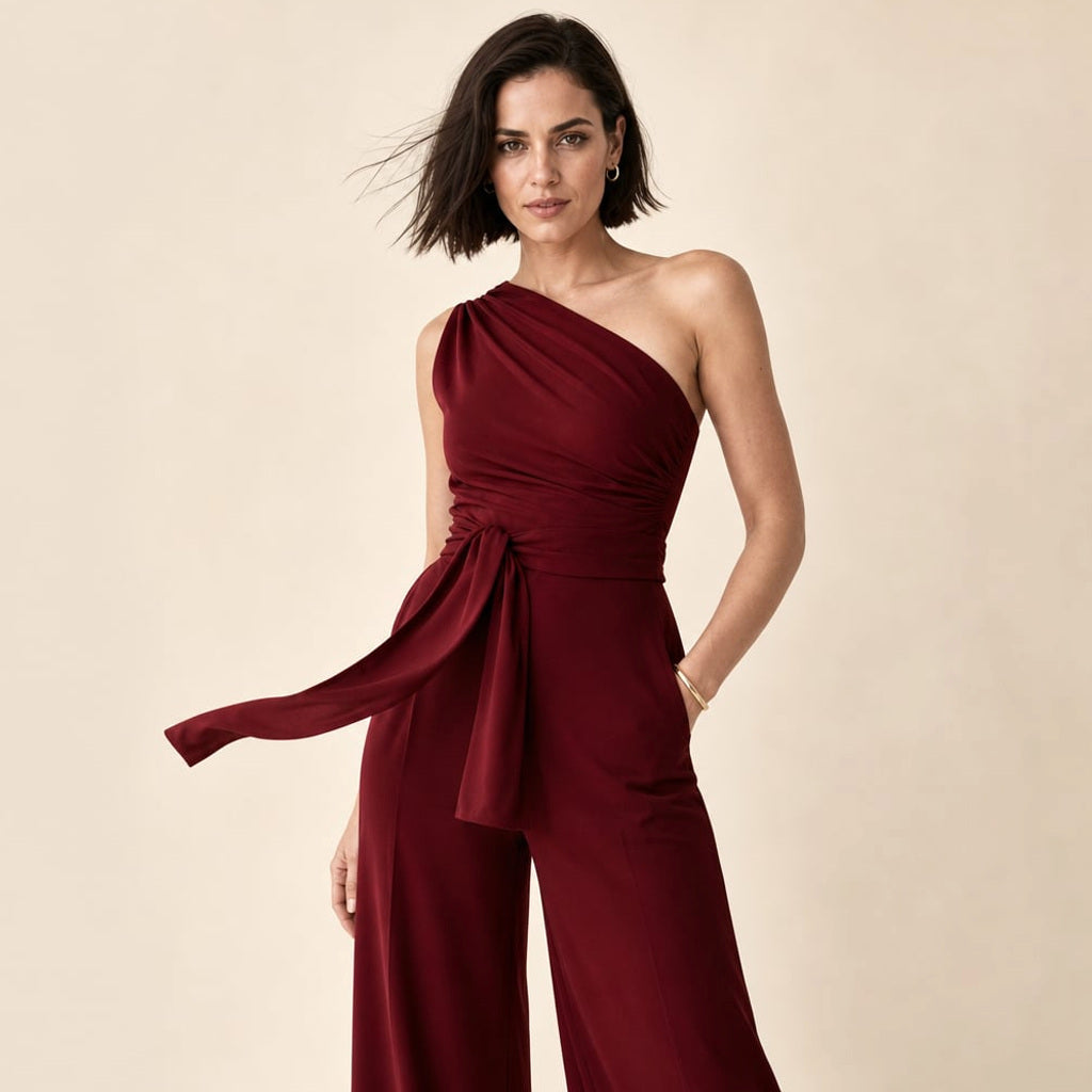 One-Shoulder-Jumpsuit mit weitem Bein und Bindegürtel – Vitolia