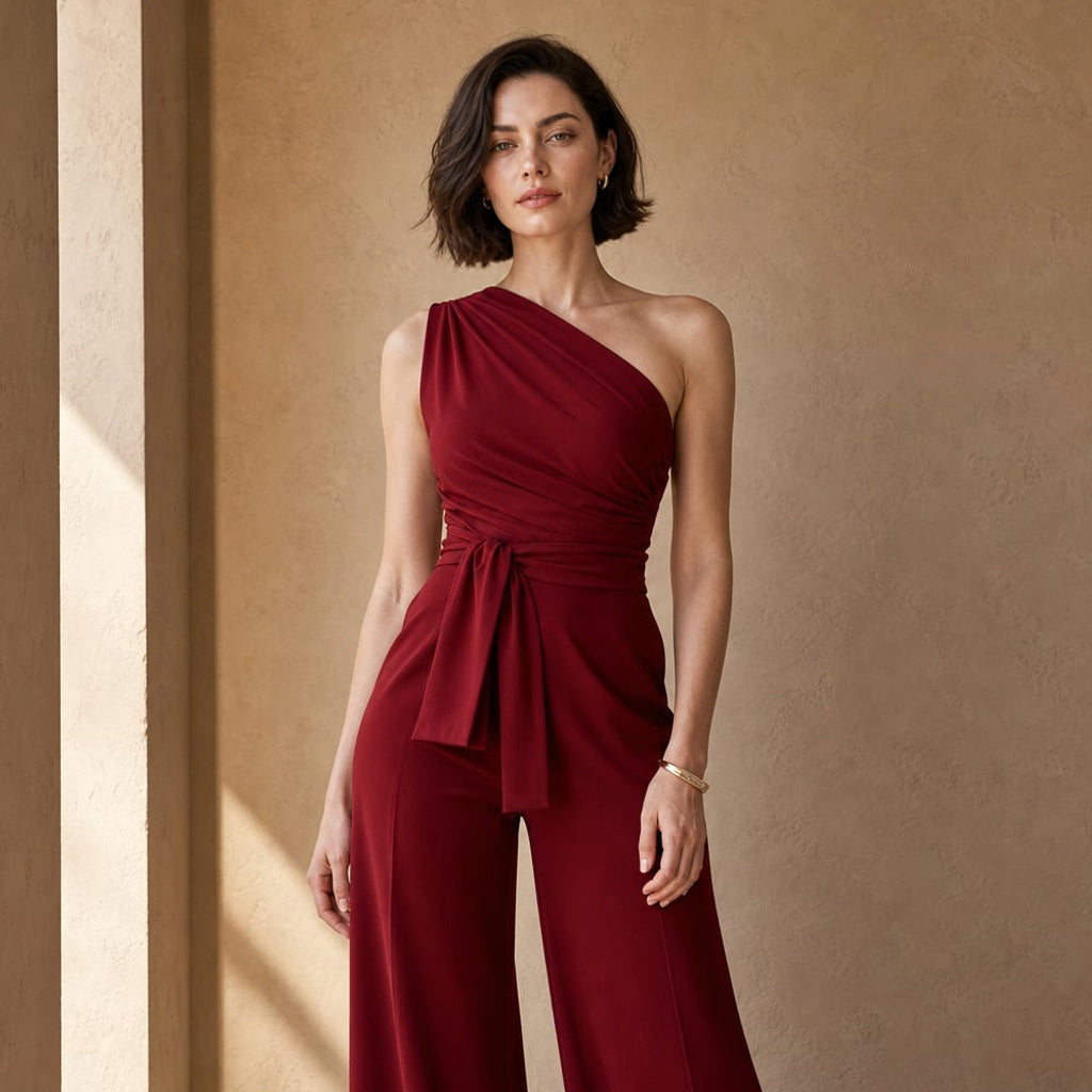 One-Shoulder-Jumpsuit mit weitem Bein und Bindegürtel – Vitolia
