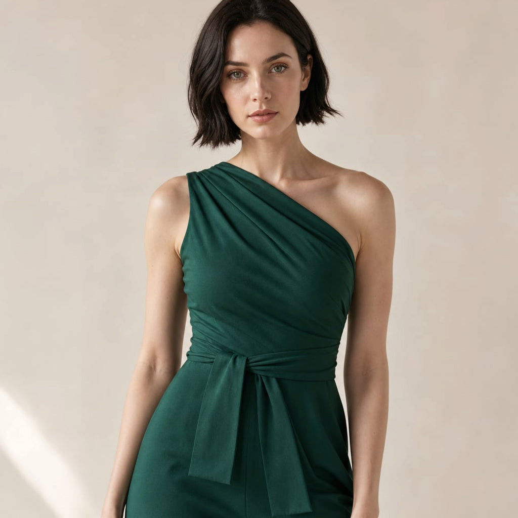 One-Shoulder-Jumpsuit mit weitem Bein und Bindegürtel in Grün – Vitolia