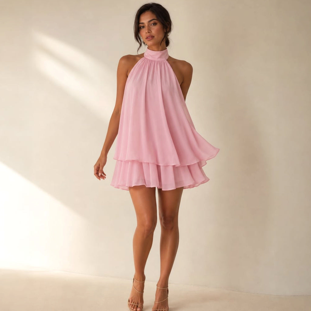 Mini-Kleid aus Chiffon Neckholder Rüschen offener Rücken in Rosa – Vitolia