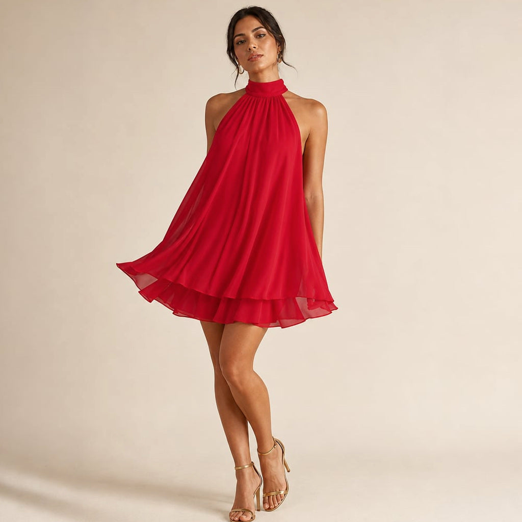 Mini-Kleid aus Chiffon Neckholder Rüschen offener Rücken in Rot – Vitolia