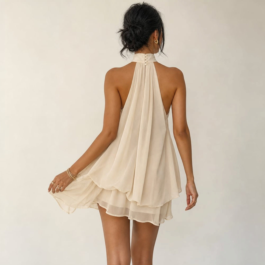 Mini-Kleid aus Chiffon Neckholder Rüschen offener Rücken – Vitolia