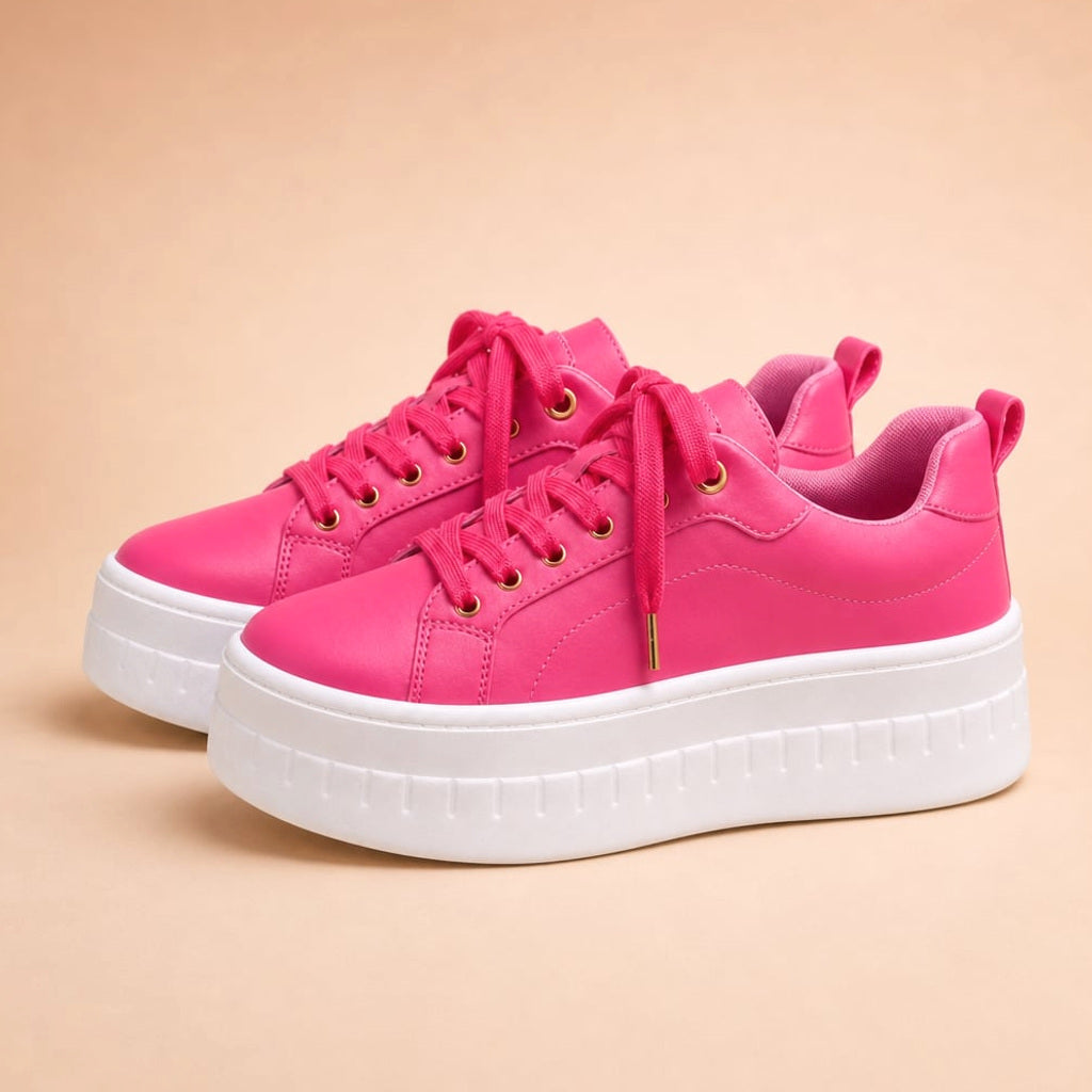 Plateau-Sneaker mit Schnürung Gestapelter Sohle Sandbraun in Pink – Vitolia
