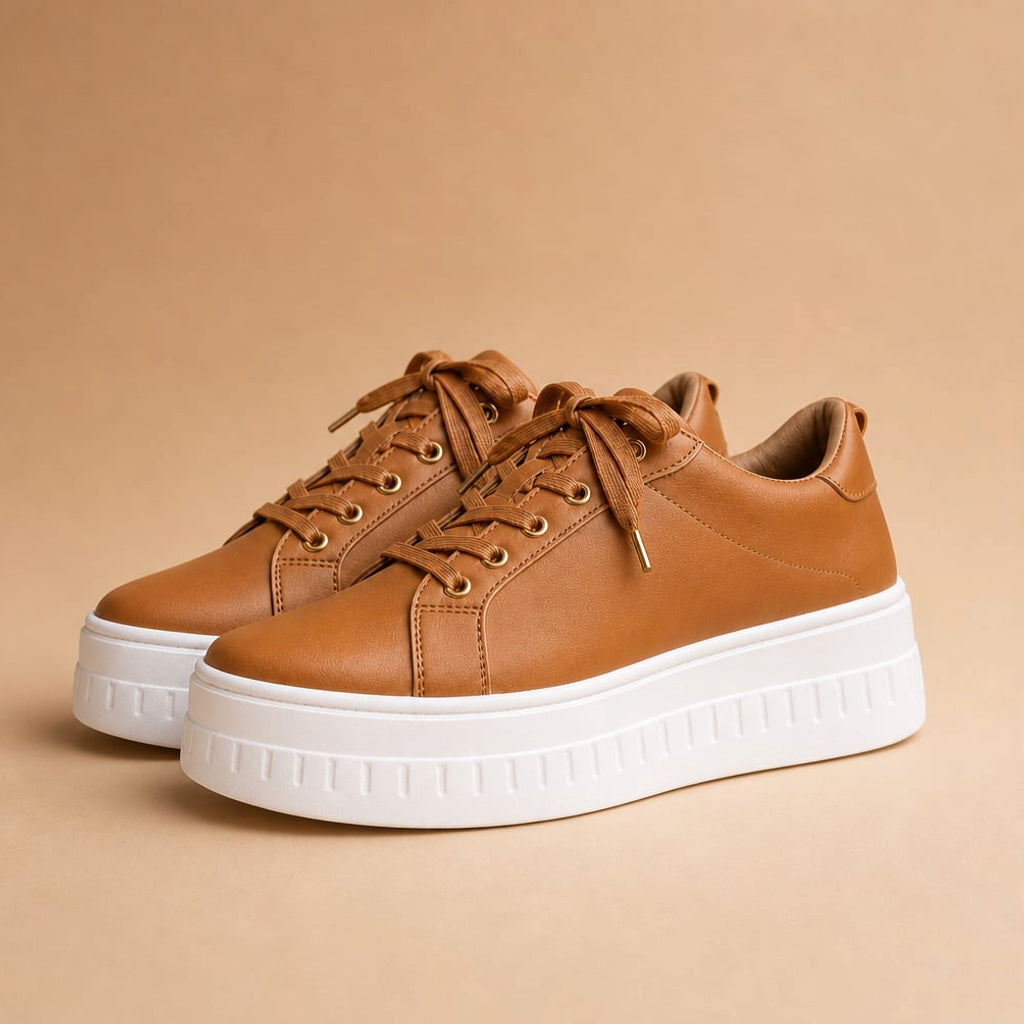 Plateau-Sneaker mit Schnürung Gestapelter Sohle Sandbraun in Cognac – Vitolia