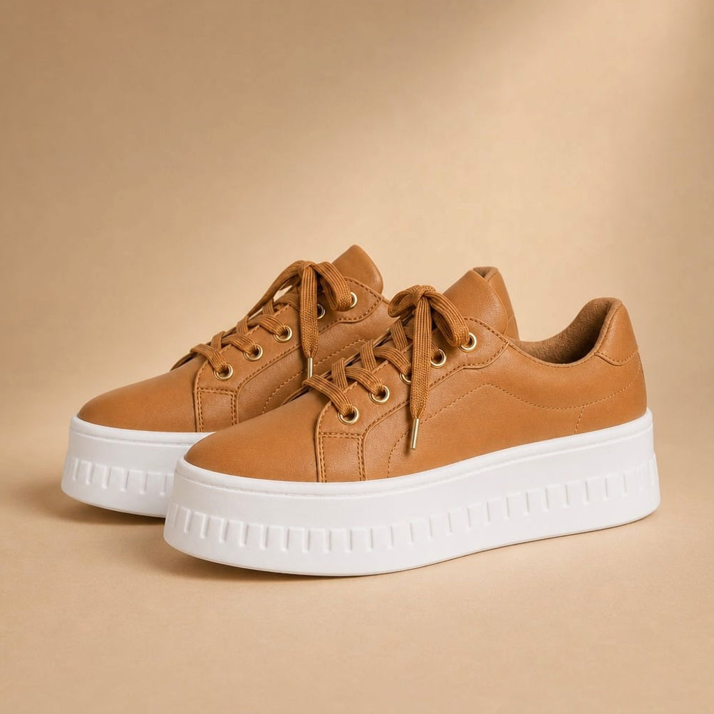 Tallo Plateau-Sneaker in Sandbraun an der Füßin, getragen zu weiter Hose, Studioaufnahme
