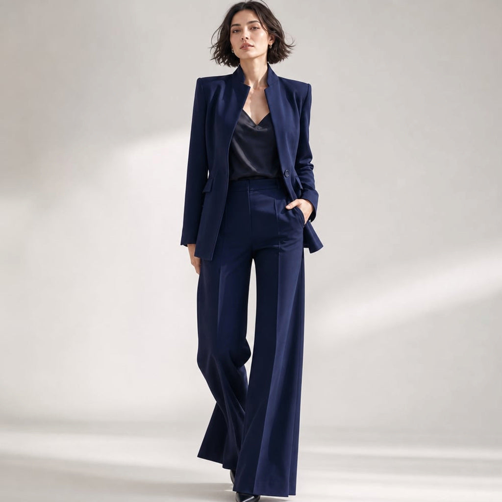 Frau trägt marineblauen Stehkragen-Blazer mit passender Weithose als Set, Ganzkörperansicht