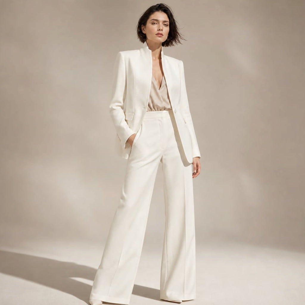 Zweiteiler Stehkragen Blazer mit Weithose in Weiß – Vitolia