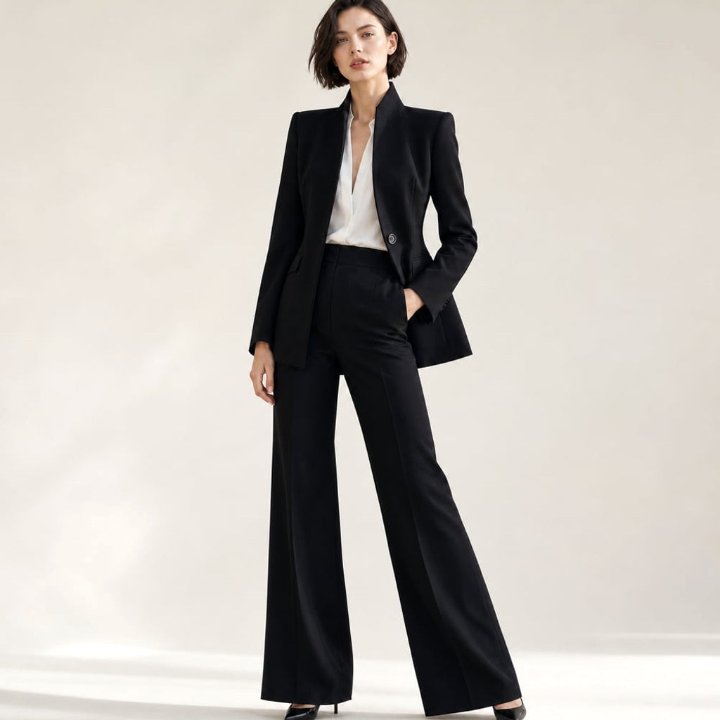 Zweiteiler Stehkragen Blazer mit Weithose in Schwarz – Vitolia