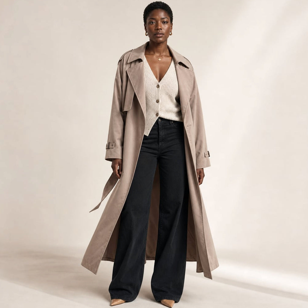 Longline-Trenchcoat in Mokka, Frontansicht, Gürtel gebunden, knielanger Saum, Oversized-Schnitt