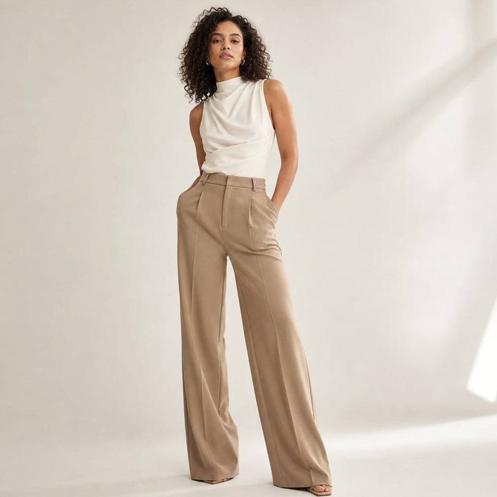 Model trägt weite Kamel-Hose mit hohem Bund, kombiniert mit schmaler Bluse