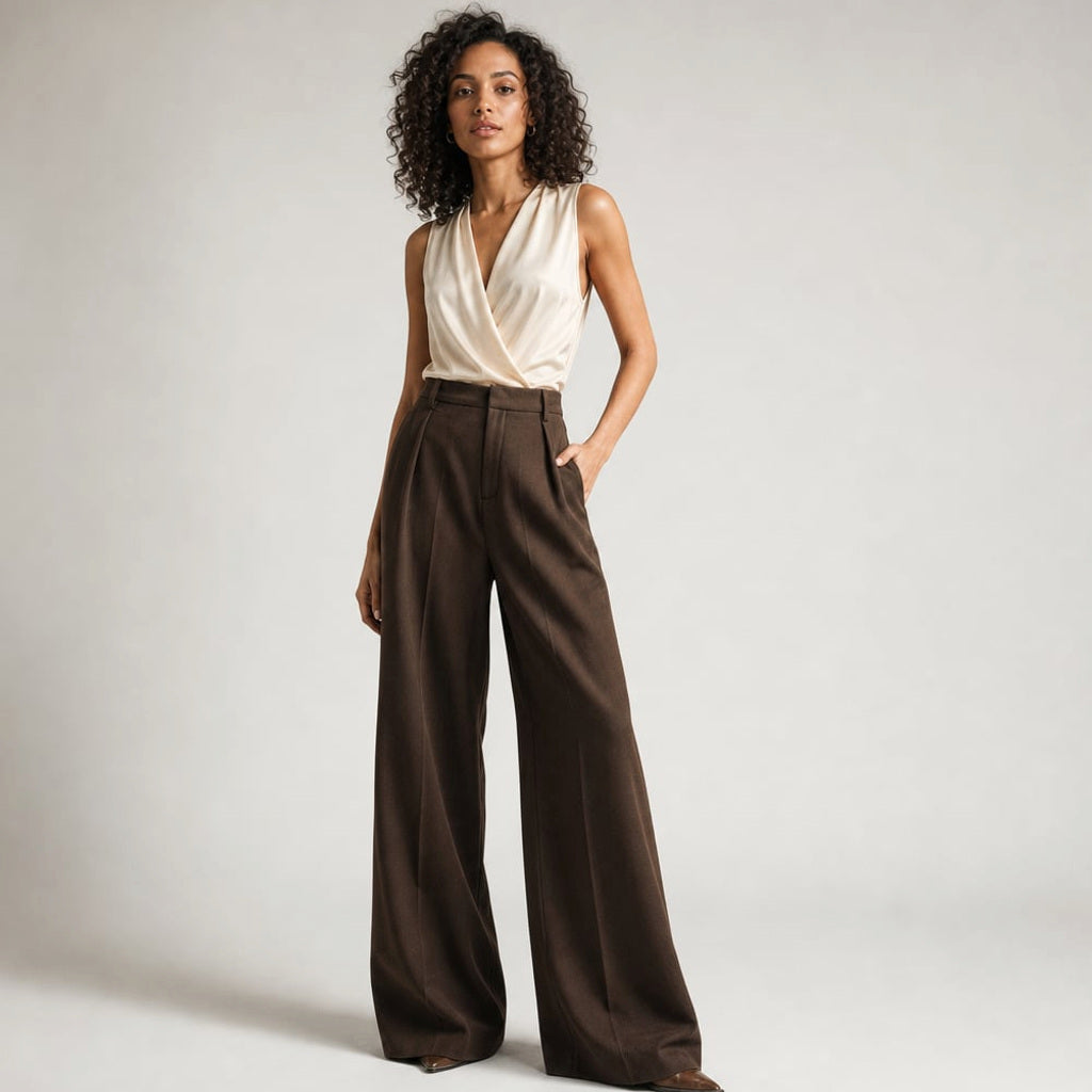 Weite Hose mit hohem Bund Sommer Schnitt in Braun – Vitolia