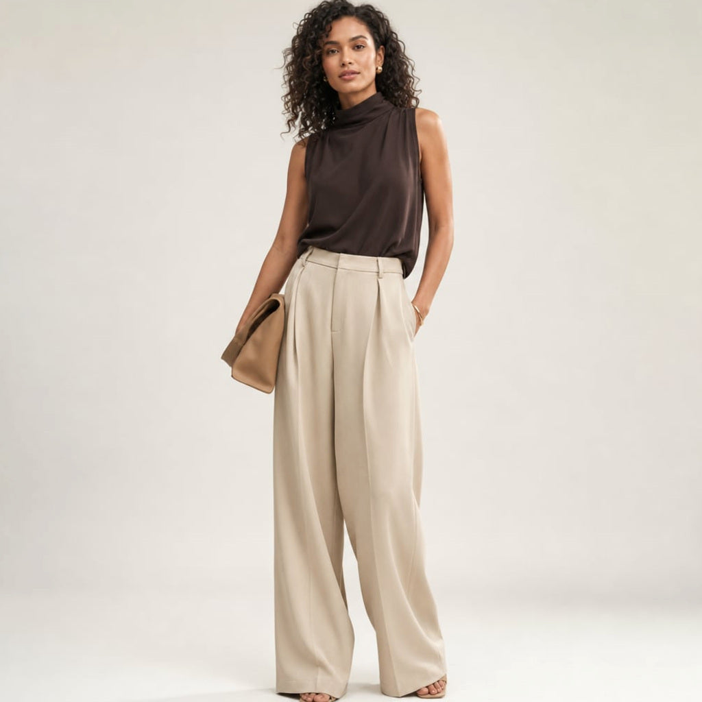 Weite Hose mit hohem Bund Sommer Schnitt in Beige – Vitolia
