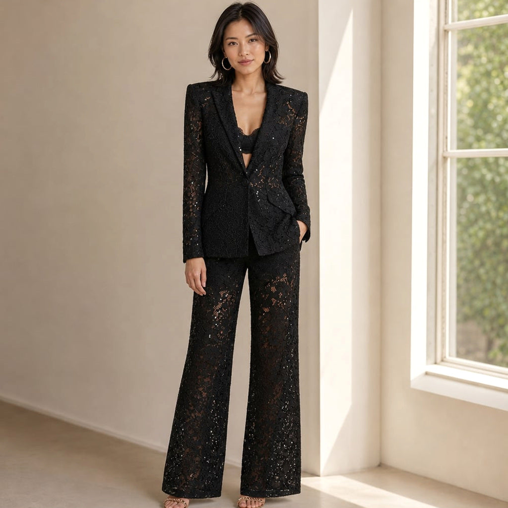 Zweiteiler Spitze Peplum-Blazer Weite Hose Floral – Vitolia