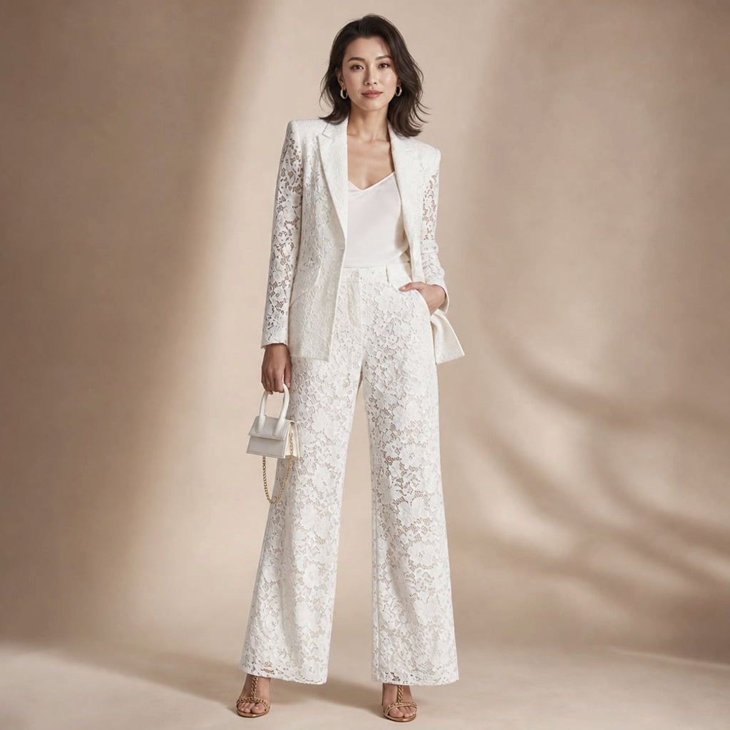 Zweiteiler Spitze Peplum-Blazer Weite Hose Floral in Weiß – Vitolia