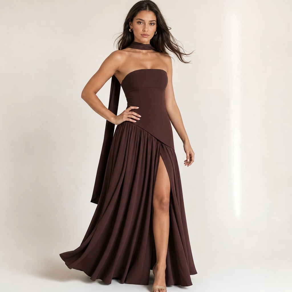 Trägerloser Maxi-Kleid Korsett mit Schal-Detail und Beinschlitz – Vitolia